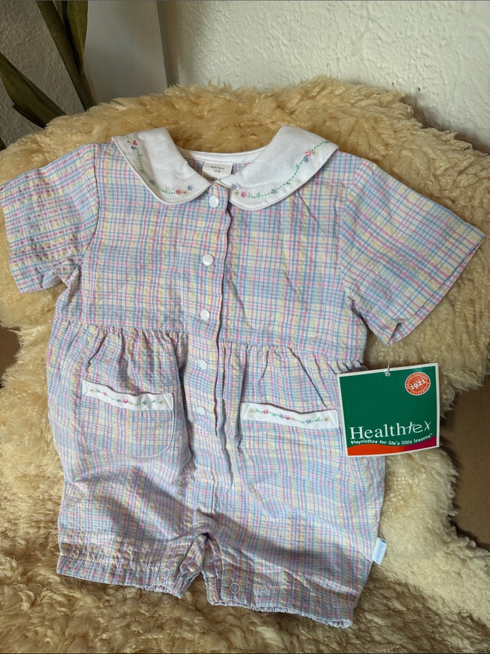 Vintage Healthtex Pastel Plaid Short-Sleeve Romper with White Peter Pan Collar